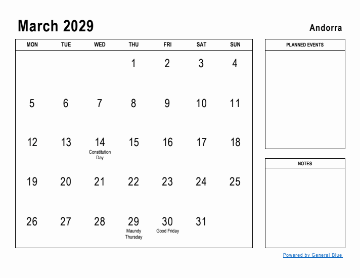 March 2029 Printable Monthly Calendar with Andorra Holidays