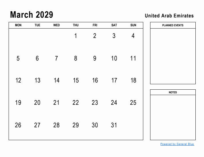 March 2029 Printable Monthly Calendar with United Arab Emirates Holidays