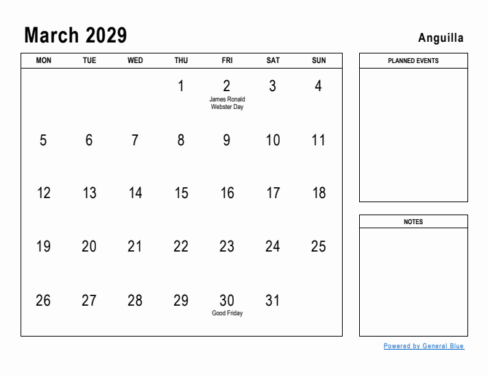 March 2029 Printable Monthly Calendar with Anguilla Holidays