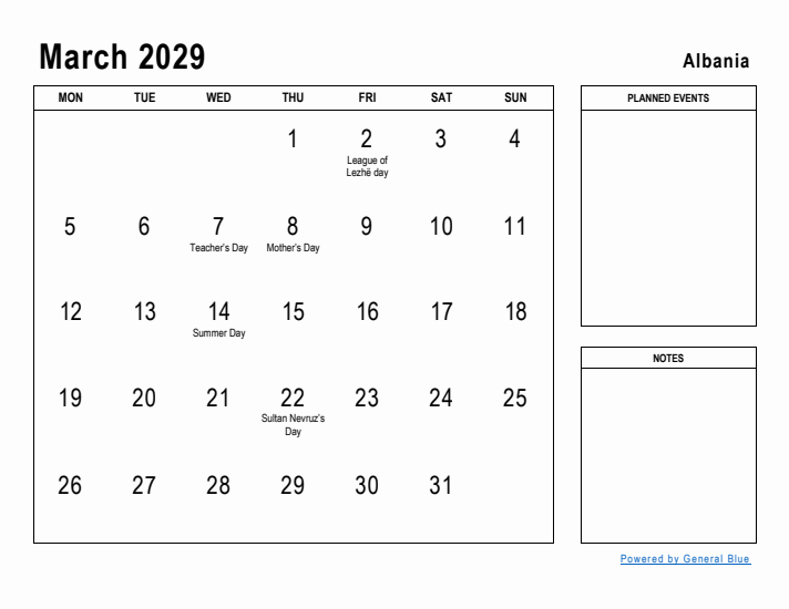 March 2029 Printable Monthly Calendar with Albania Holidays