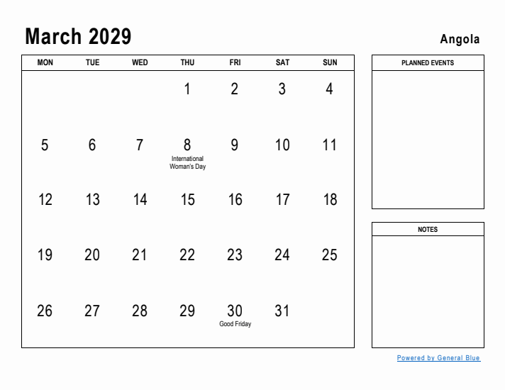 March 2029 Printable Monthly Calendar with Angola Holidays