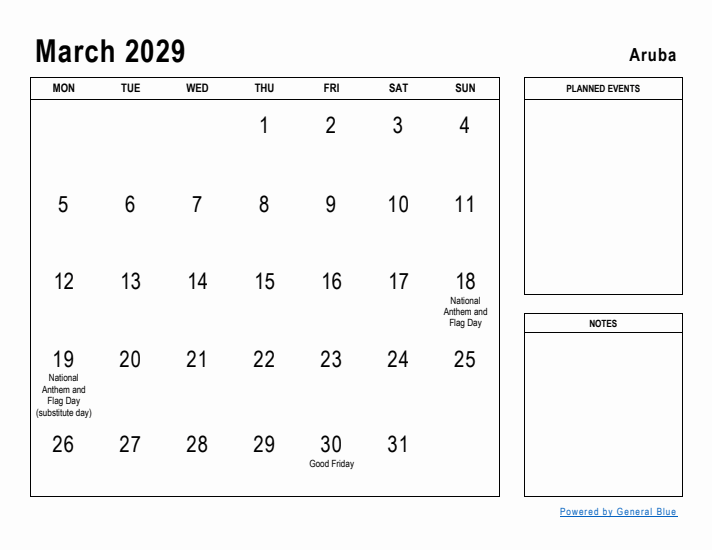 March 2029 Printable Monthly Calendar with Aruba Holidays