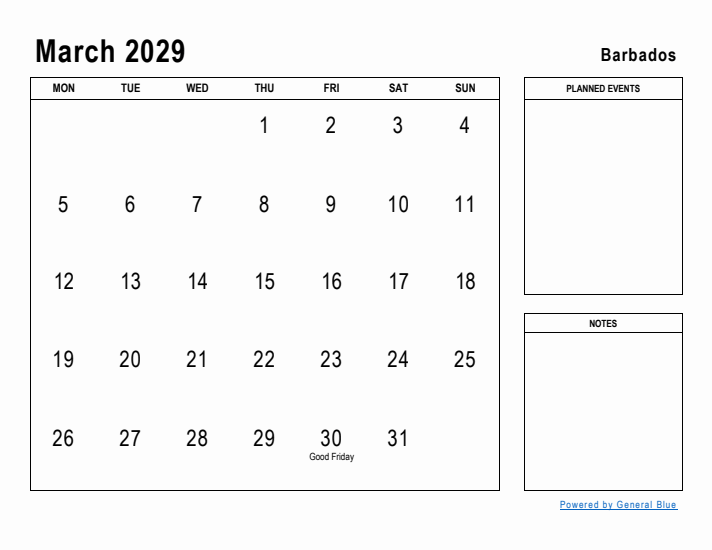 March 2029 Printable Monthly Calendar with Barbados Holidays