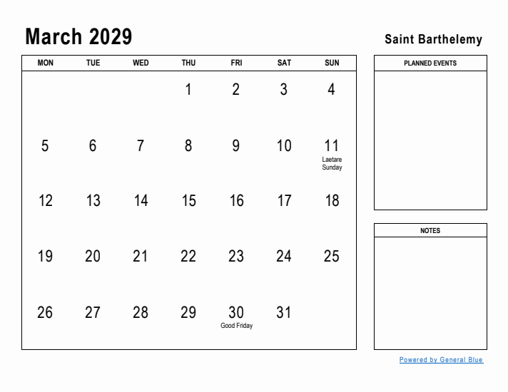 March 2029 Printable Monthly Calendar with Saint Barthelemy Holidays