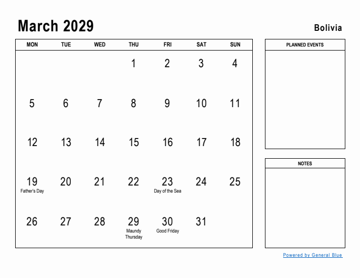 March 2029 Printable Monthly Calendar with Bolivia Holidays