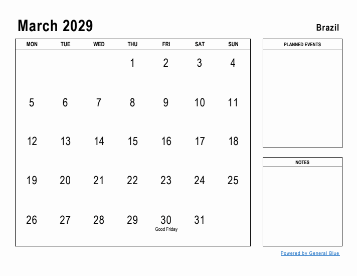 March 2029 Printable Monthly Calendar with Brazil Holidays