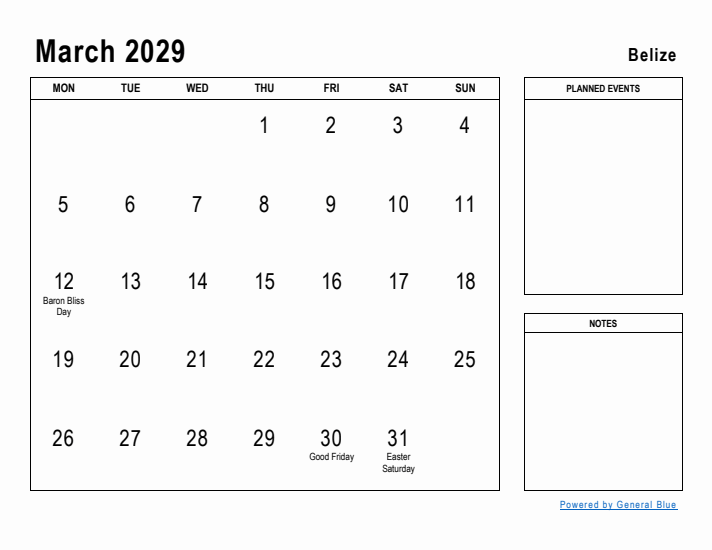 March 2029 Printable Monthly Calendar with Belize Holidays