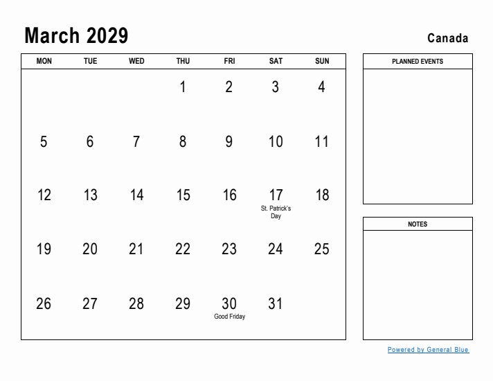 March 2029 Printable Monthly Calendar with Canada Holidays