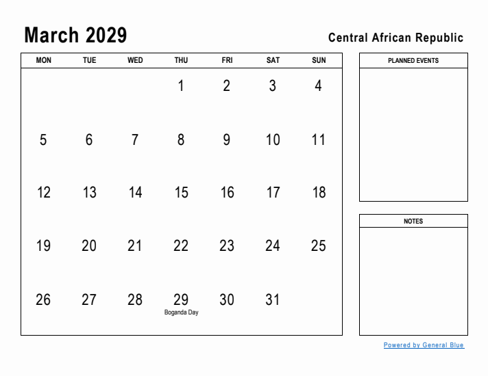 March 2029 Printable Monthly Calendar with Central African Republic Holidays