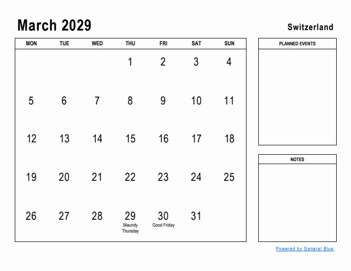 March 2029 Printable Monthly Calendar with Switzerland Holidays