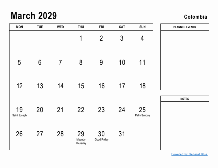 March 2029 Printable Monthly Calendar with Colombia Holidays