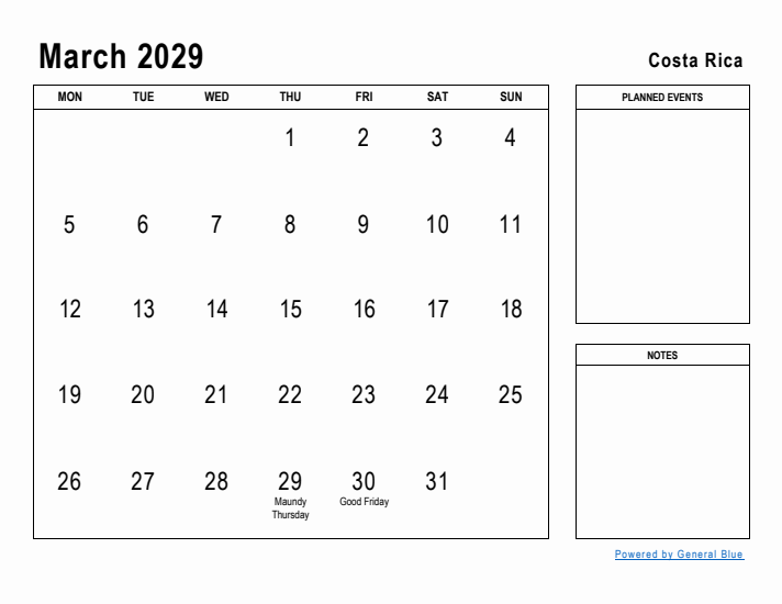 March 2029 Printable Monthly Calendar with Costa Rica Holidays