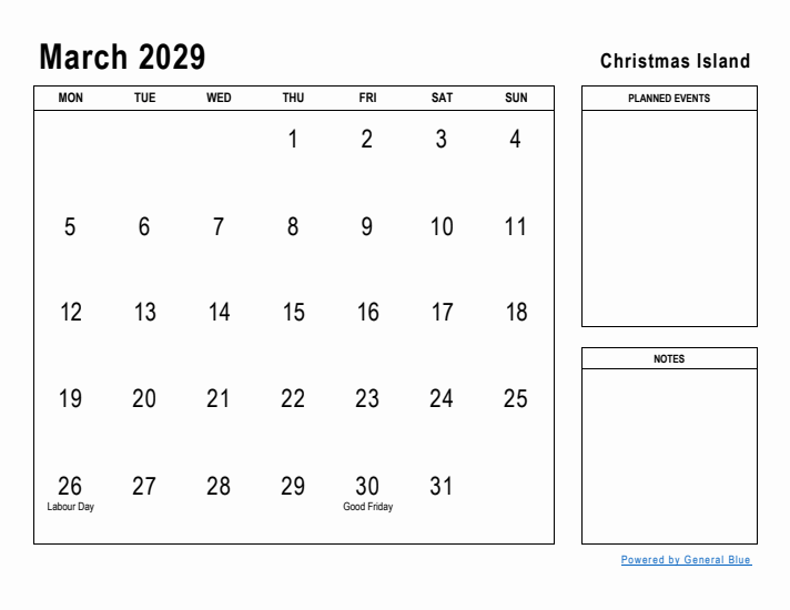 March 2029 Printable Monthly Calendar with Christmas Island Holidays