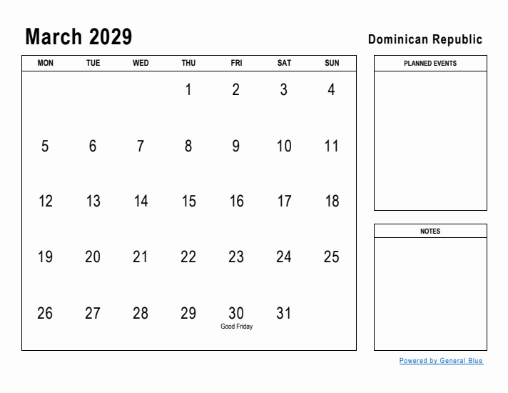 March 2029 Printable Monthly Calendar with Dominican Republic Holidays