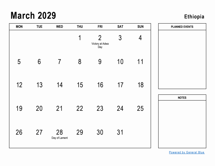 March 2029 Printable Monthly Calendar with Ethiopia Holidays