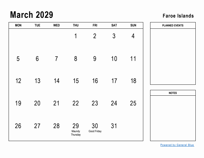 March 2029 Printable Monthly Calendar with Faroe Islands Holidays