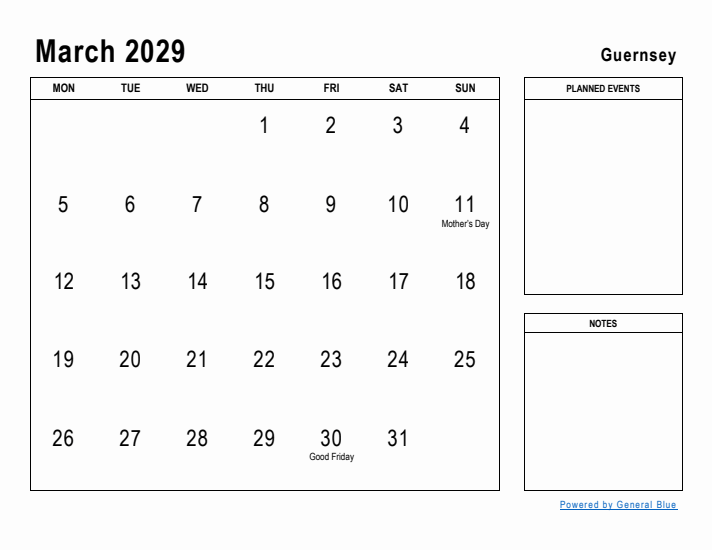 March 2029 Printable Monthly Calendar with Guernsey Holidays