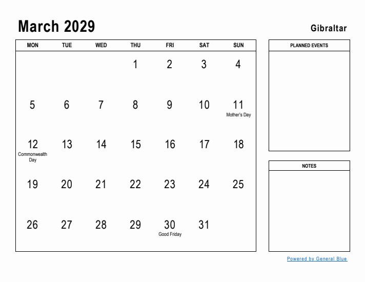 March 2029 Printable Monthly Calendar with Gibraltar Holidays