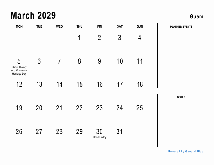 March 2029 Printable Monthly Calendar with Guam Holidays