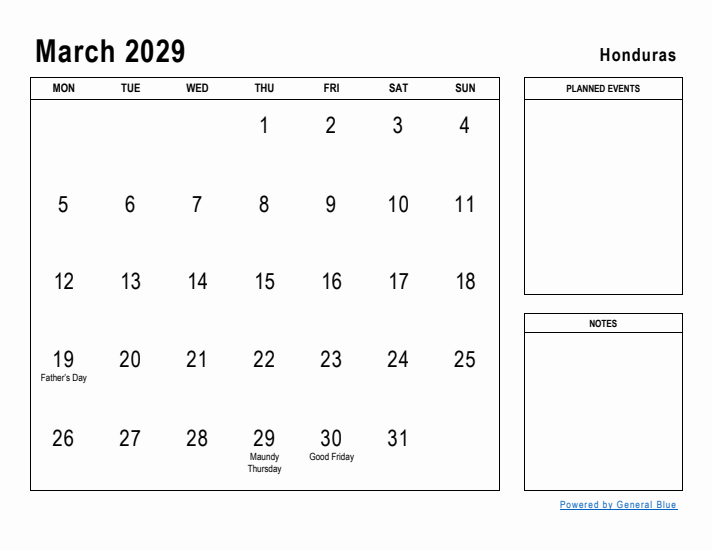 March 2029 Printable Monthly Calendar with Honduras Holidays