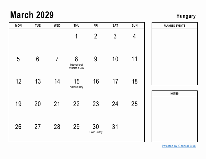 March 2029 Printable Monthly Calendar with Hungary Holidays