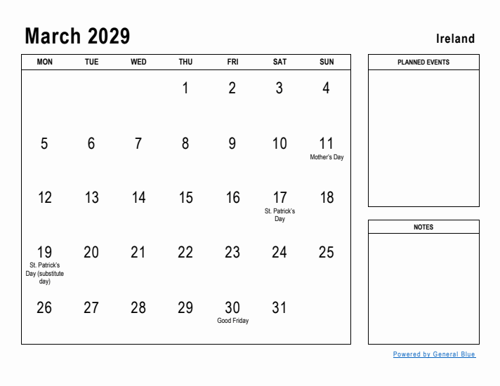 March 2029 Printable Monthly Calendar with Ireland Holidays