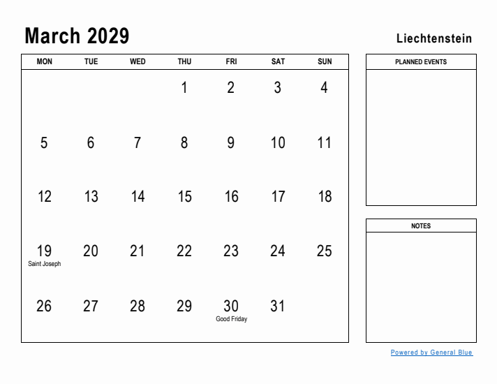 March 2029 Printable Monthly Calendar with Liechtenstein Holidays