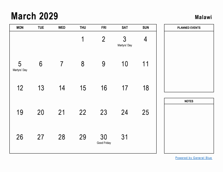 March 2029 Printable Monthly Calendar with Malawi Holidays