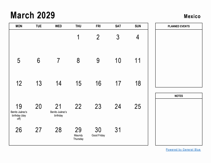 March 2029 Printable Monthly Calendar with Mexico Holidays