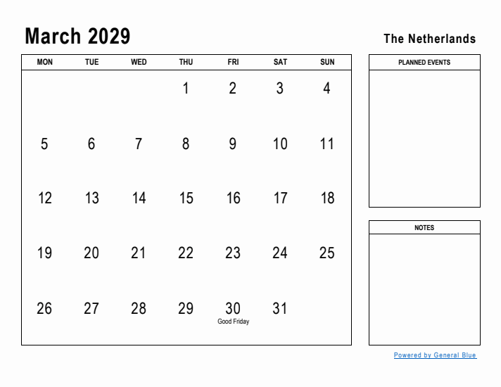 March 2029 Printable Monthly Calendar with The Netherlands Holidays