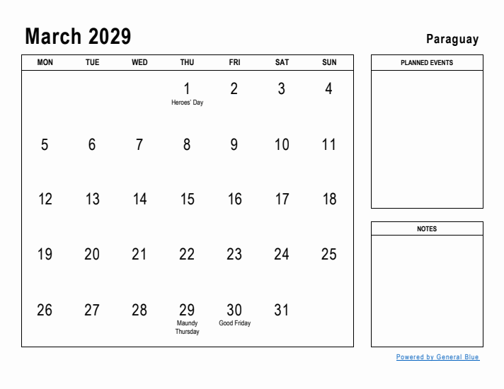 March 2029 Printable Monthly Calendar with Paraguay Holidays