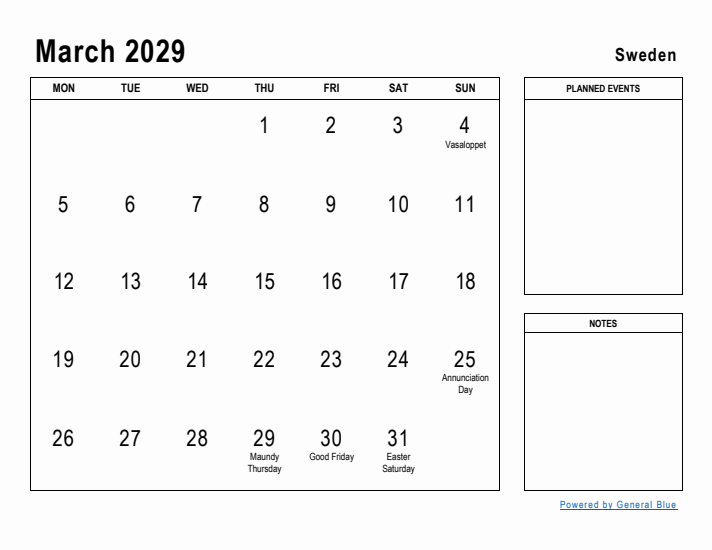 March 2029 Printable Monthly Calendar with Sweden Holidays