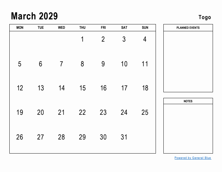 March 2029 Printable Monthly Calendar with Togo Holidays