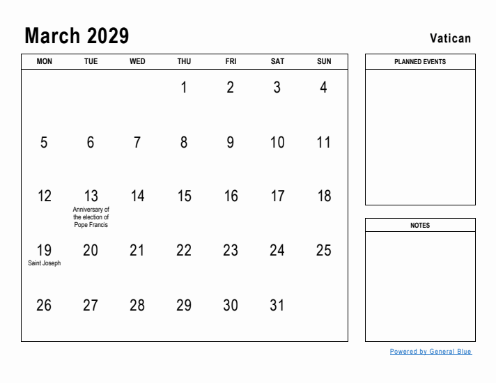 March 2029 Printable Monthly Calendar with Vatican Holidays