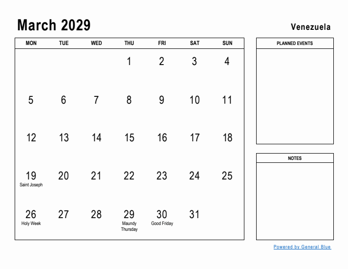 March 2029 Printable Monthly Calendar with Venezuela Holidays