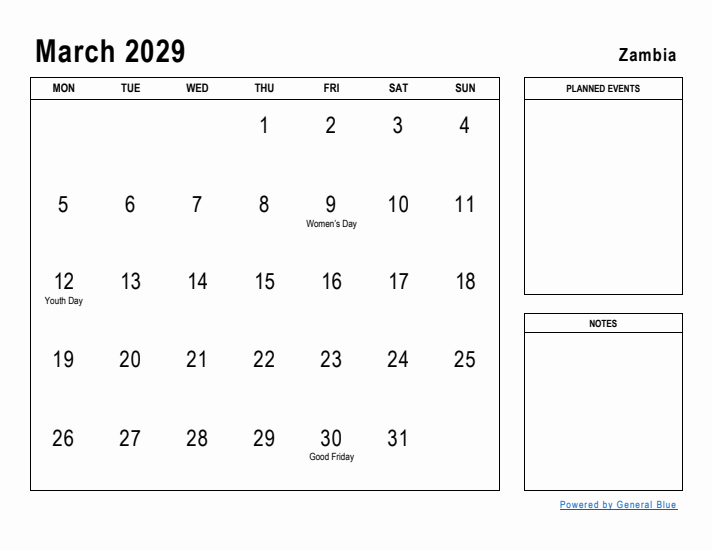 March 2029 Printable Monthly Calendar with Zambia Holidays