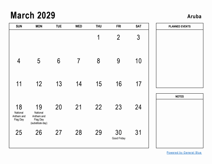 March 2029 Printable Monthly Calendar with Aruba Holidays