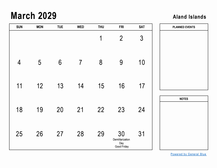 March 2029 Printable Monthly Calendar with Aland Islands Holidays