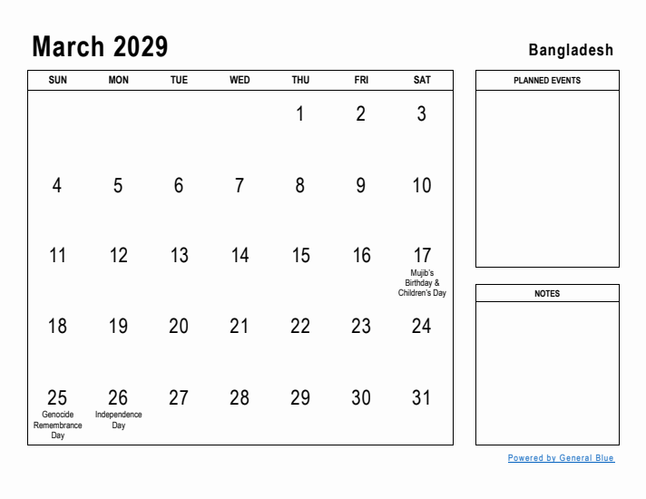 March 2029 Printable Monthly Calendar with Bangladesh Holidays