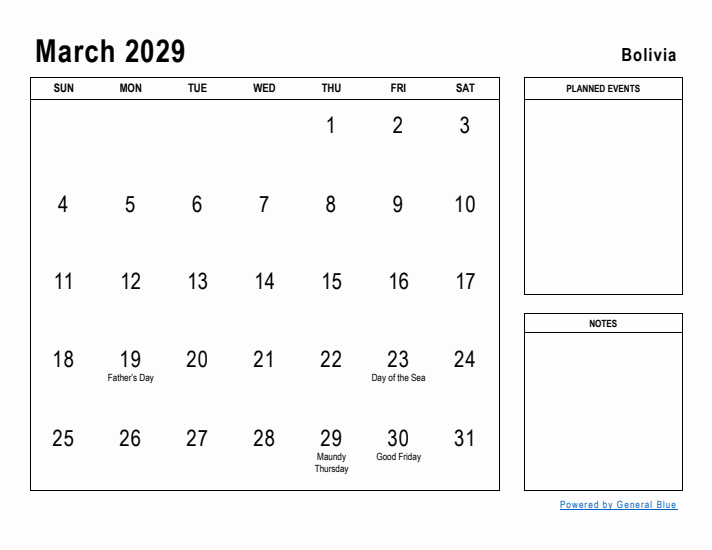 March 2029 Printable Monthly Calendar with Bolivia Holidays