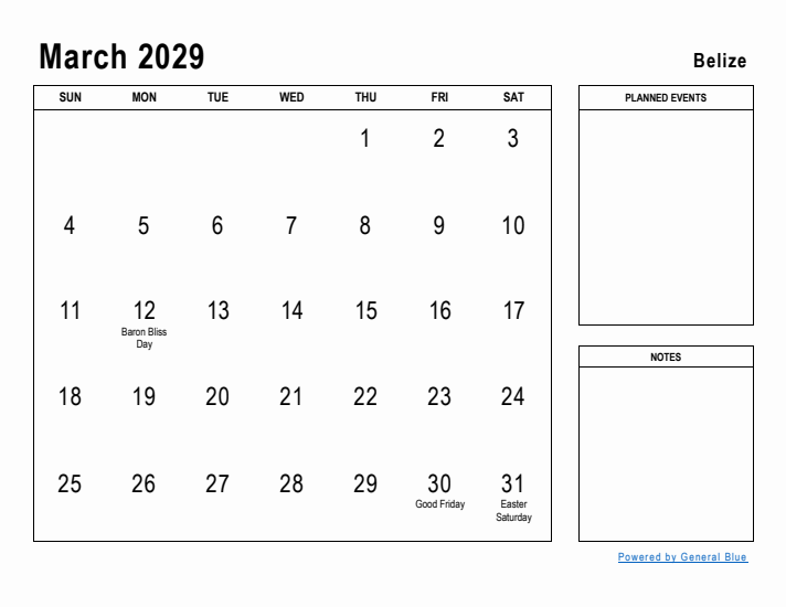 March 2029 Printable Monthly Calendar with Belize Holidays