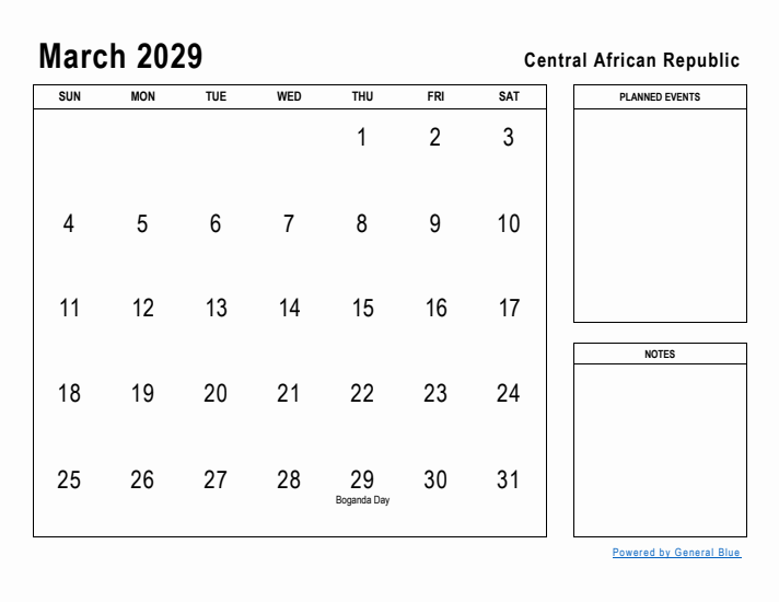 March 2029 Printable Monthly Calendar with Central African Republic Holidays