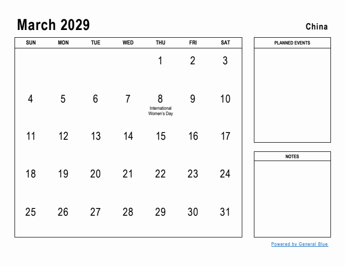 March 2029 Printable Monthly Calendar with China Holidays