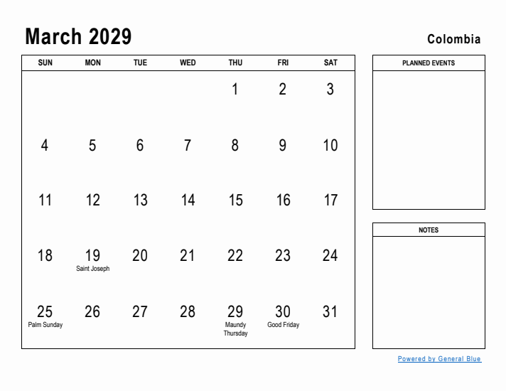 March 2029 Printable Monthly Calendar with Colombia Holidays