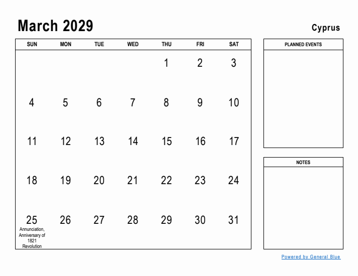 March 2029 Printable Monthly Calendar with Cyprus Holidays