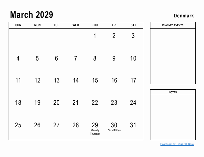 March 2029 Printable Monthly Calendar with Denmark Holidays