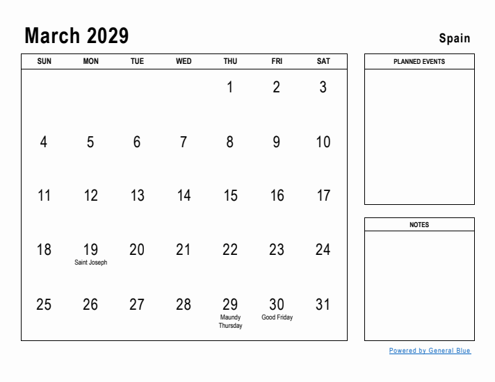 March 2029 Printable Monthly Calendar with Spain Holidays