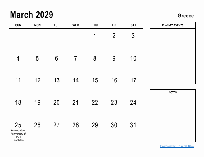 March 2029 Printable Monthly Calendar with Greece Holidays