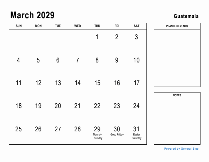 March 2029 Printable Monthly Calendar with Guatemala Holidays