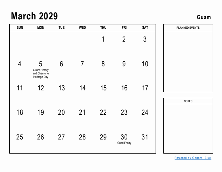 March 2029 Printable Monthly Calendar with Guam Holidays